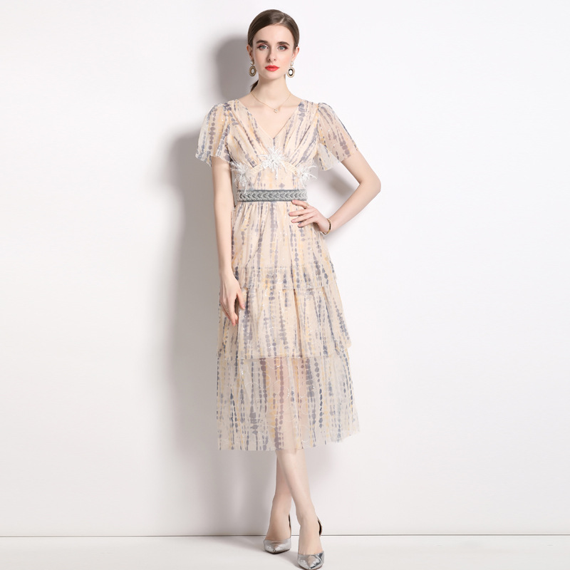 ★M～3L★通勤 パーティー 結婚式 大人優雅印象 前後深V　キラキラスパンコール入り　ドレスワンピース