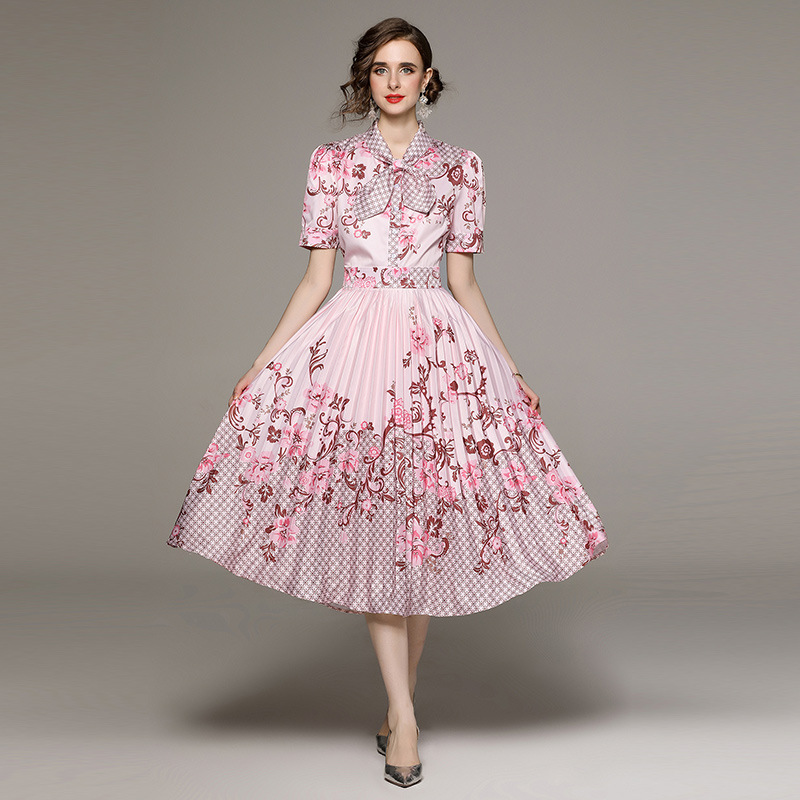 ★M～3L★通勤 パーティー 結婚式 大人優雅印象 胸元リボン プリーツスカート切替花柄ドレスワンピース