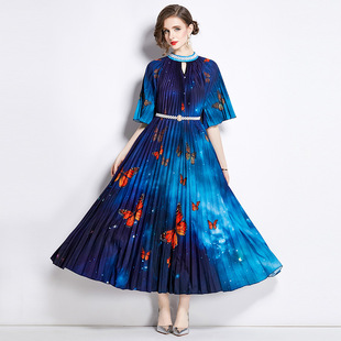 ★出かけ パーティー  優雅印象 襟元パープル付き　ベルト付き　可愛い蝶々柄　プリーツロングワンピース