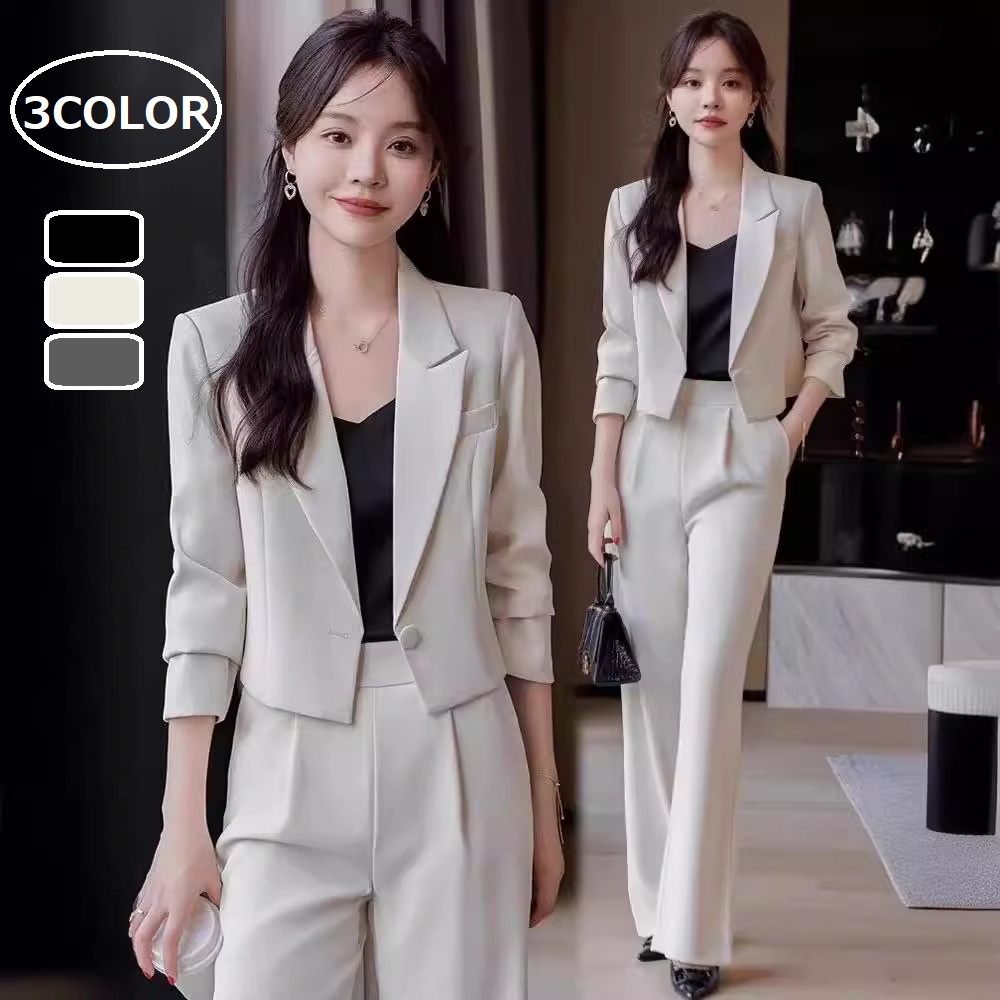 2024夏新作★上質S～3L★ OL 通勤 オフェス着  体型カバー 半袖ジャケットワイトパンツ 2set