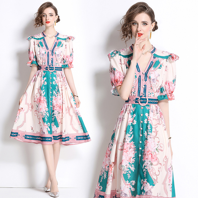 ★M～3L★夏清涼感　ファッション パーティー 　ベルト付き　花柄プリントドレスワンピース