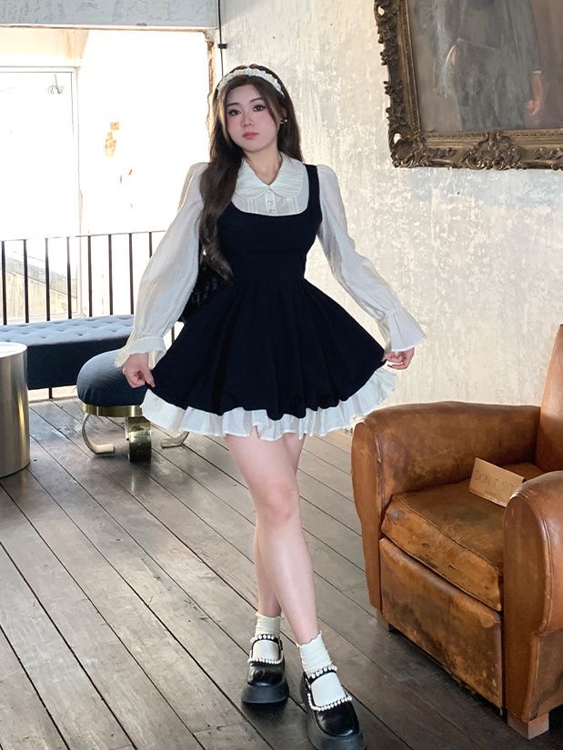 ★L～5L大きいサイズ★可愛いぽっちゃりさん　原宿系  バイカラー　可愛い丸襟　 異素材切替ピース