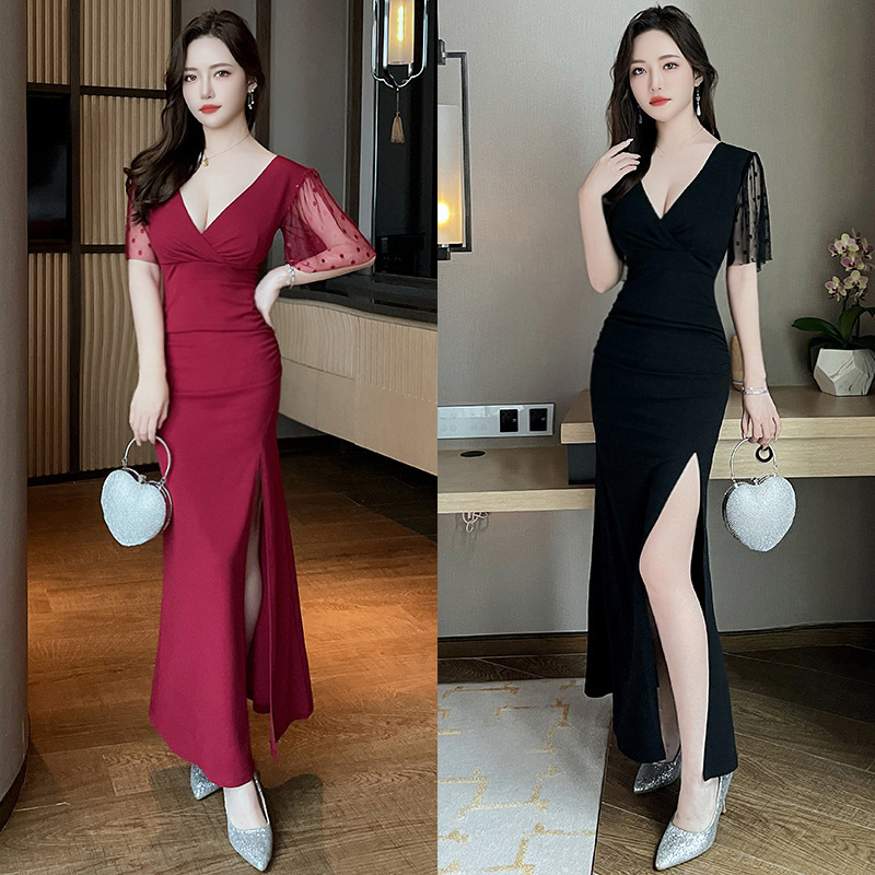 ★S～3L★キャバドレス キャバ嬢  可愛いドット柄レース切替 セクシー　ロングドレス ワンピース