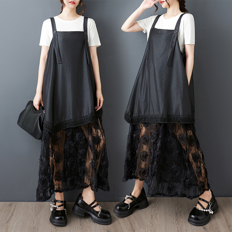 2025新作 ★原宿風　109系　ゆったりめ 個性主張 立体感花柄レース切替　ジャンパースカート