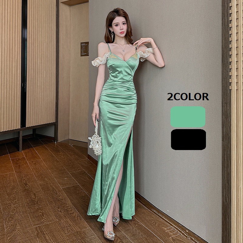 ★S～4L★パーティー キャバドレス キャバ嬢 可愛いフリル袖 セクシーロングドレス