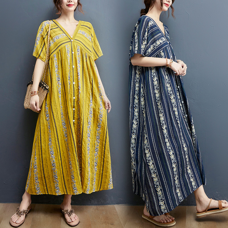 ゆったり ぽっちゃりさん　夏薄手 涼しい 涼感  リネン入り　Vネック　花柄プリント　ロングワンピース