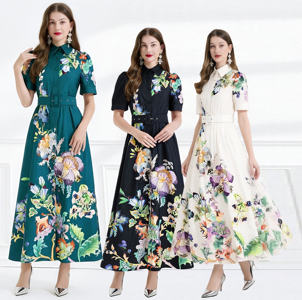 2026新作★出かけ パーティー   ベルト付き　半袖　花柄ロングワンピース