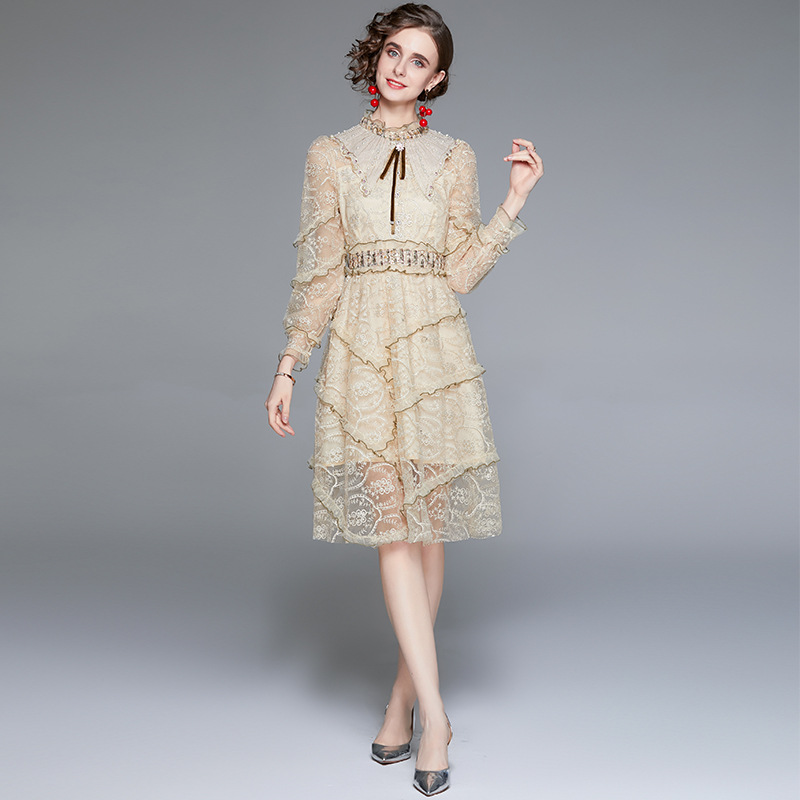 M～3L★パーティー 二次会 結婚式 披露宴 可愛いフリルパール付き花柄刺繍レースドレスワンピース