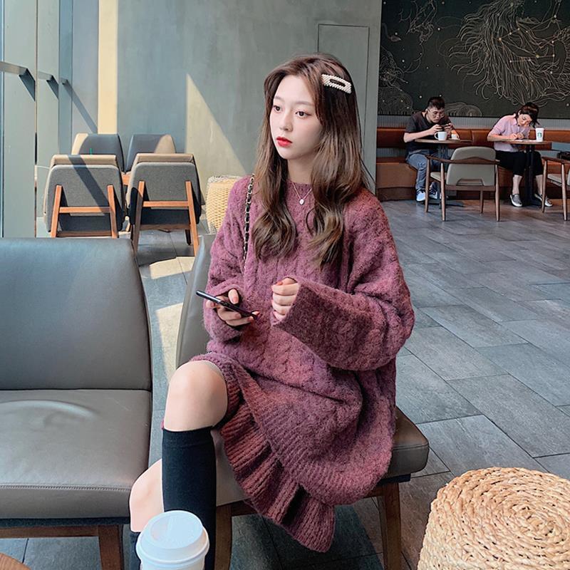 ゆったり 秋冬 新作 柔らかいニット 背中可愛いパール付き ニットトップス ニットスカート　2set