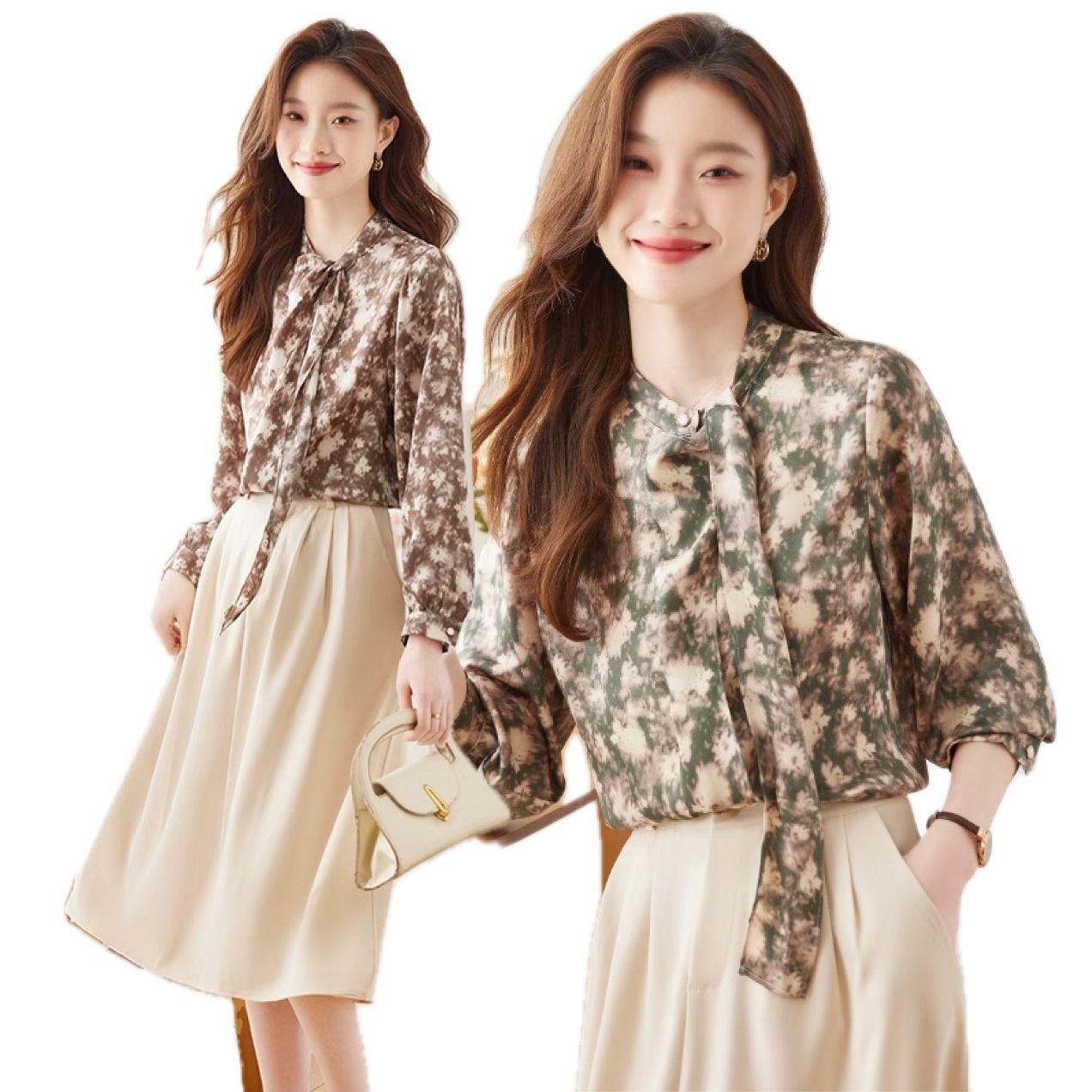 ★上質S～3L★ OL 通勤 オフェス着 お天気お姉さん 優雅印象　可愛いリボン　花柄シャツ　ブラウス