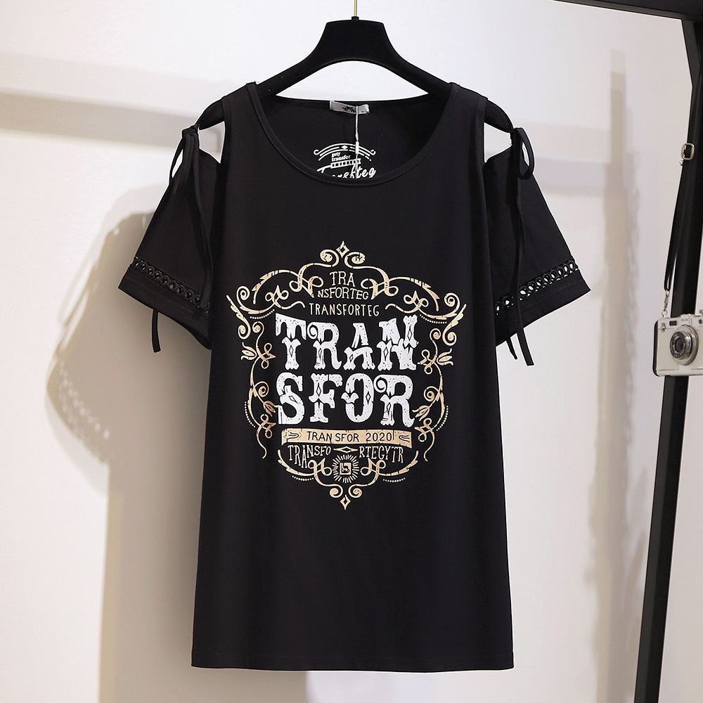 ★3L~7L★夏薄手　肩出し　可愛いリボン　袖レース切替　英文字プリント　Tシャツ