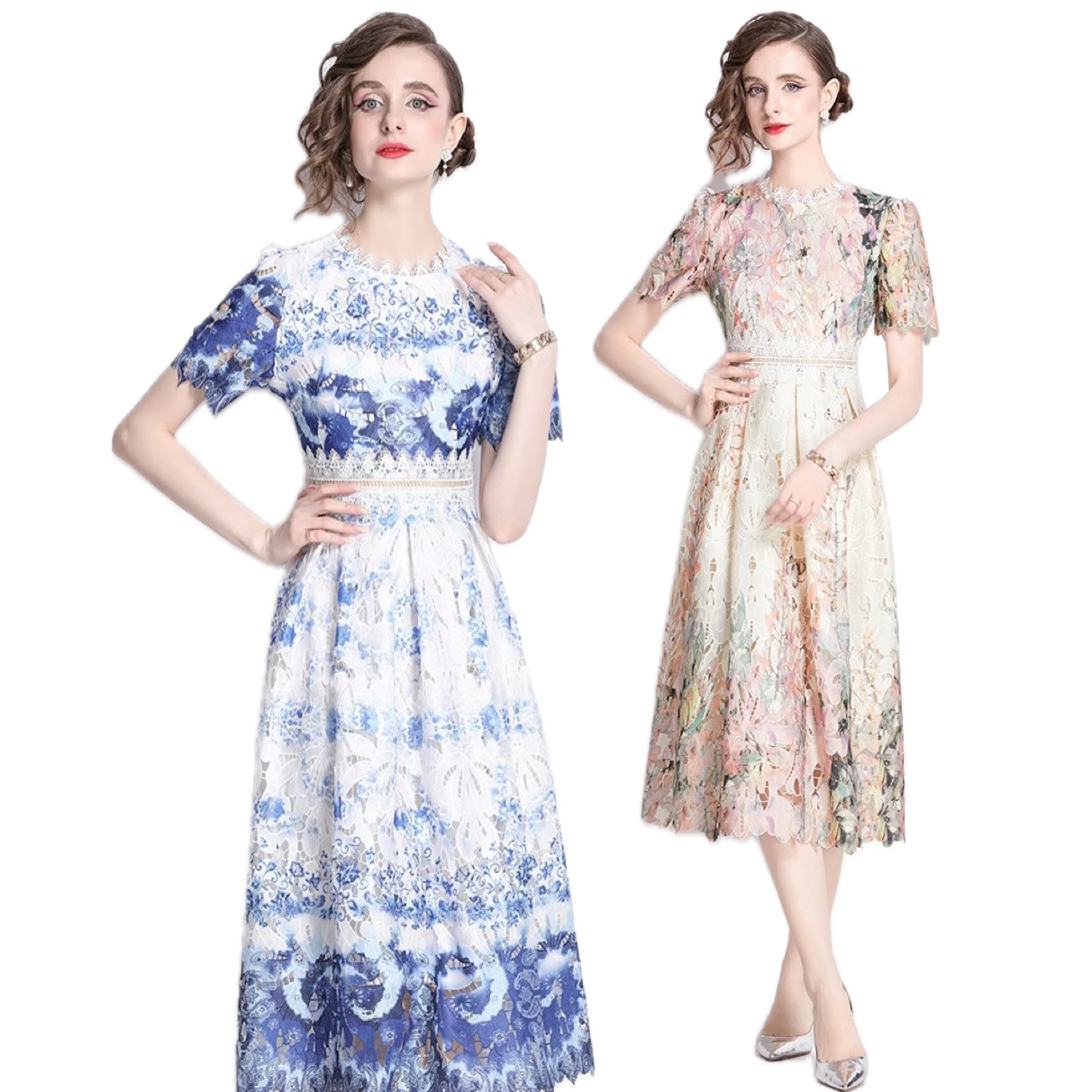 2C-L-R★S～3L★大人優雅印象　ファッション パーティー 　上品感　花柄総レース　ドレスワンピース