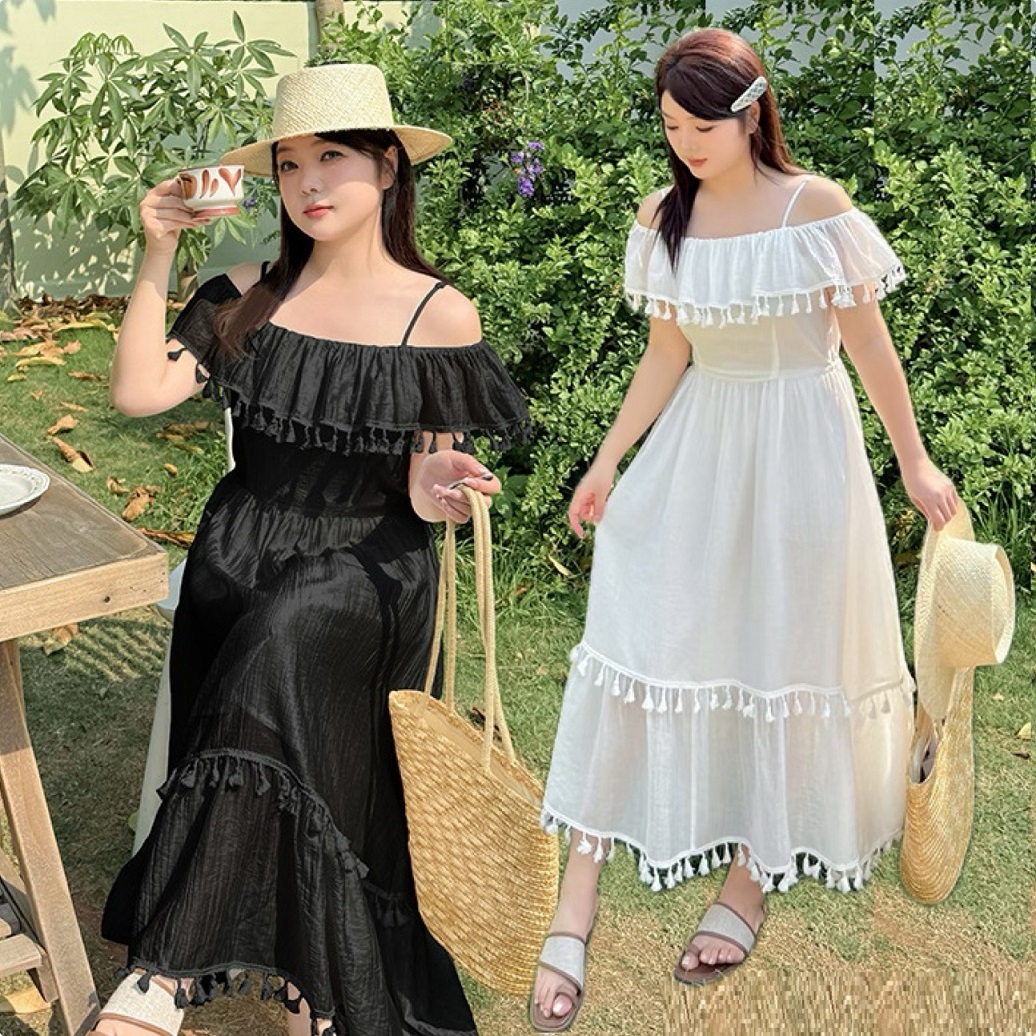 ★2L～5L大きいサイズ ★夏涼感 可愛いぽっちゃりさん 可愛いフリル2WAY着 ロングワンピース