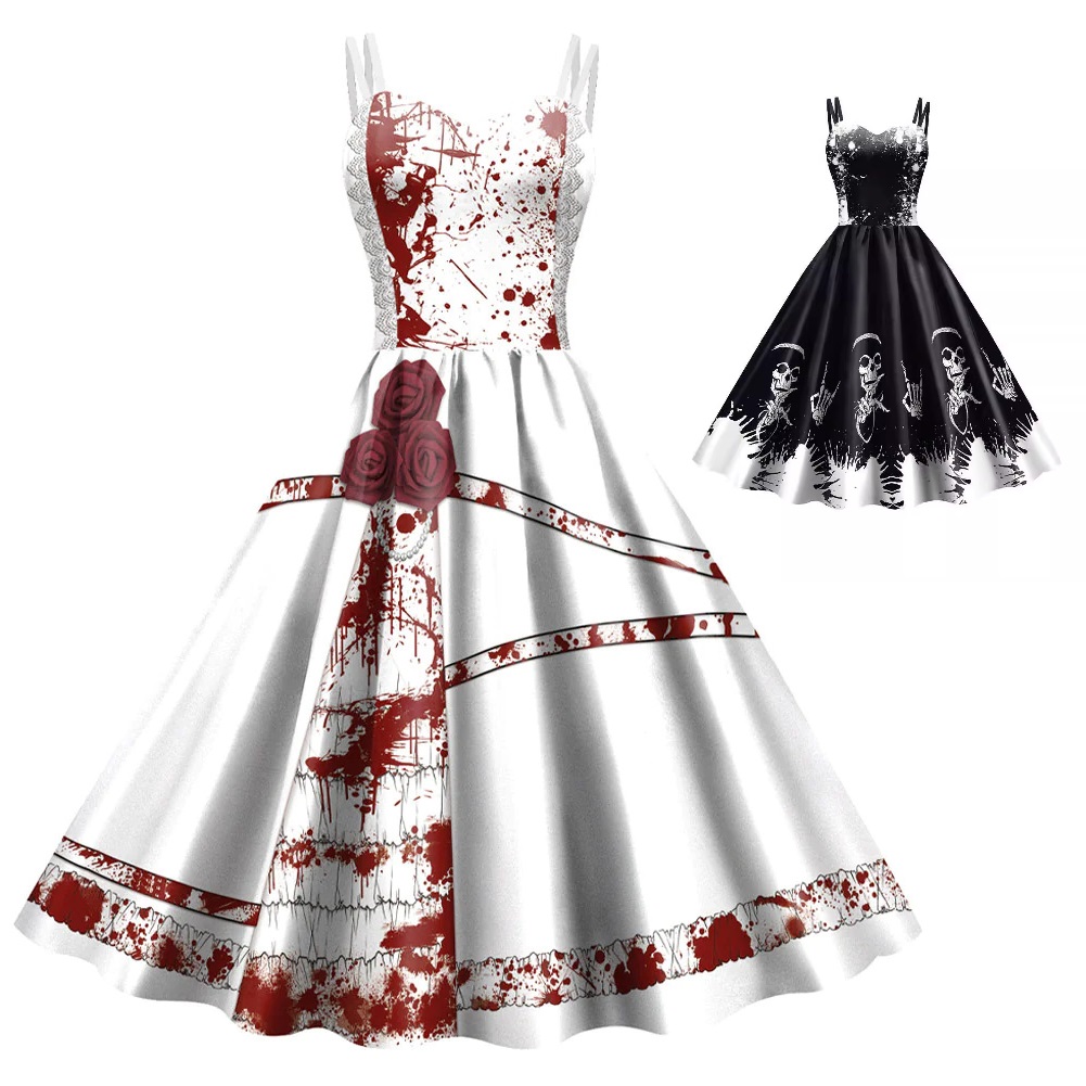 特価！★S～4L★花柄　スカル プリント　コスプレ ハロウィン衣装　ワンピース