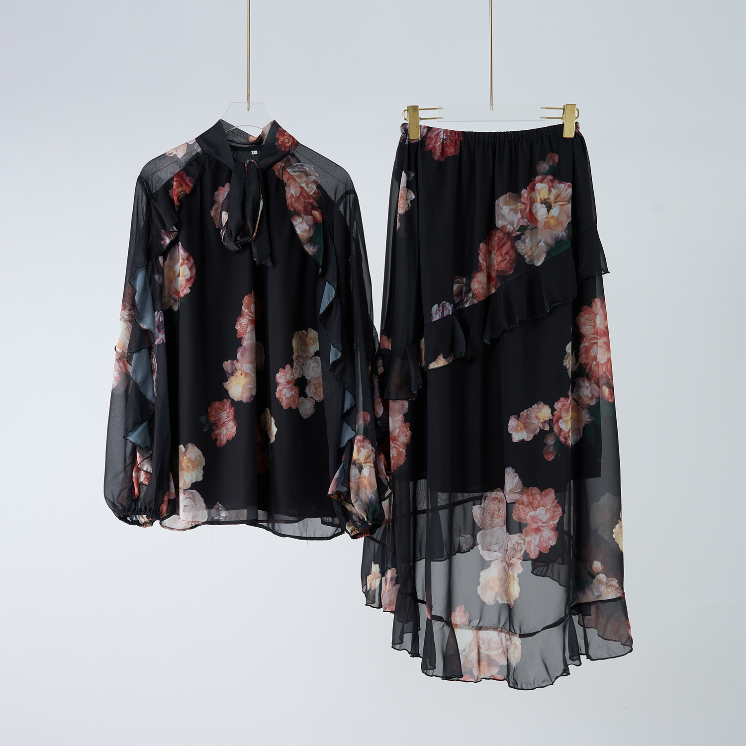 M～3L★パーティー 二次会　忘年会 　ボウタイブラウス　フリル付ロングスカート　2点セット