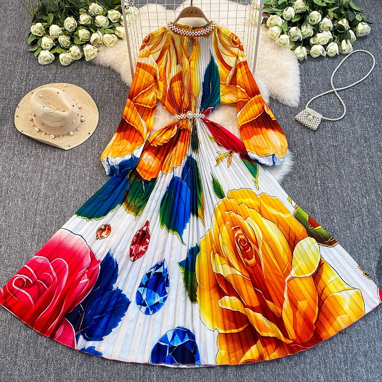 ★パーティー 二次会　忘年会 　ベルト付き　長袖バブルスリーブ プリーツロングワンピース