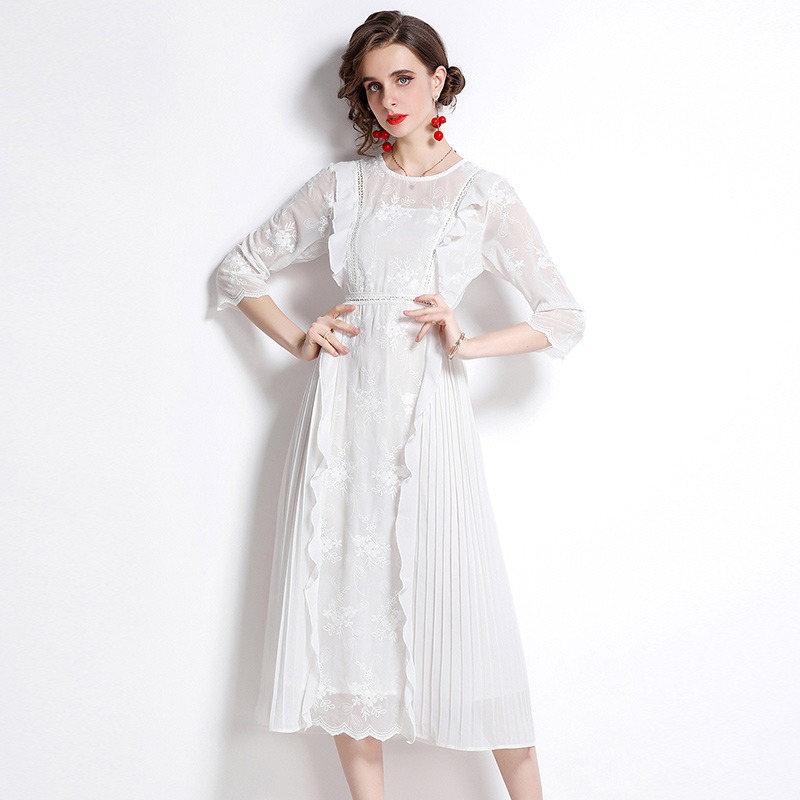 ★通勤 通学 出かけ パーティー披露宴 優雅 清潔感 花柄レース プリーツ切替ドレスワンピース