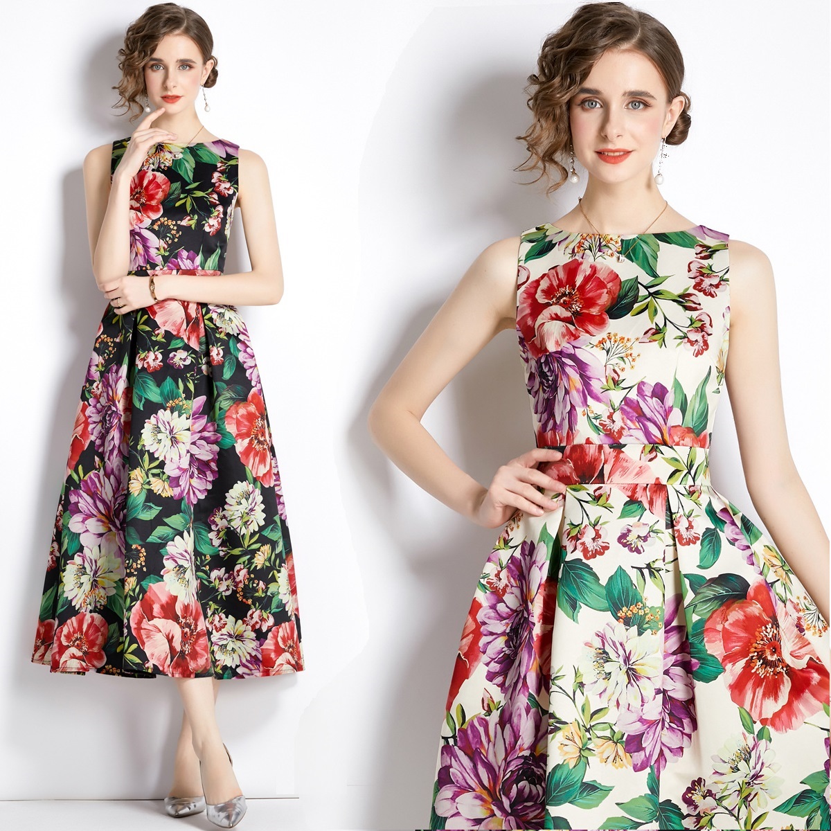 ★S～3L★出かけ パーティー　大人気品 優雅印象 華やか　花柄プリントドレスワンピース