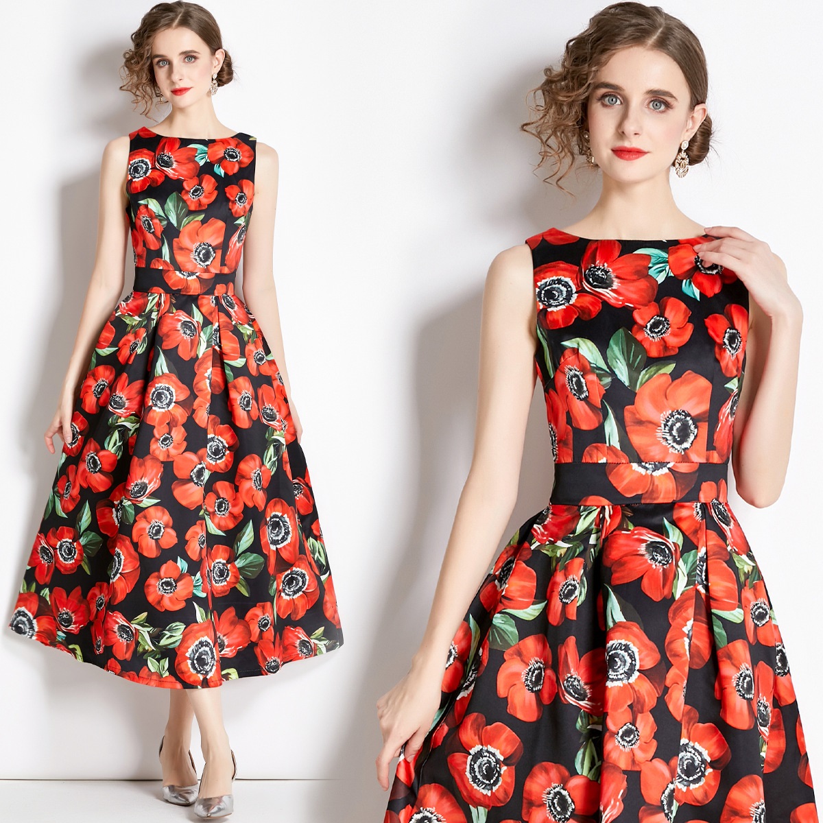 4COLOR★S～3L★出かけ パーティー　大人気品 優雅印象 華やか　花柄プリントドレスワンピース