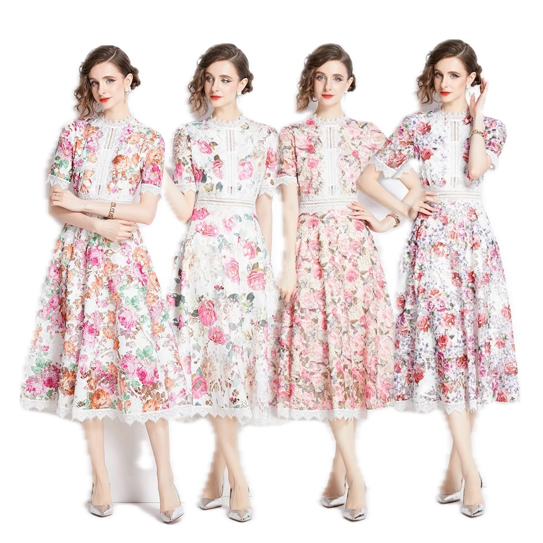 4C-L-R★S～3L★一目惚れ　ファッション パーティー 　上品感　可愛い花柄総レース　ドレスワンピース