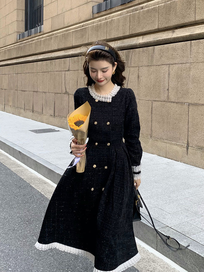 ★L～5L大きいサイズ★可愛いぽっちゃりさん 可愛いレース 厚め 上品感ツイード素材 ワンピース