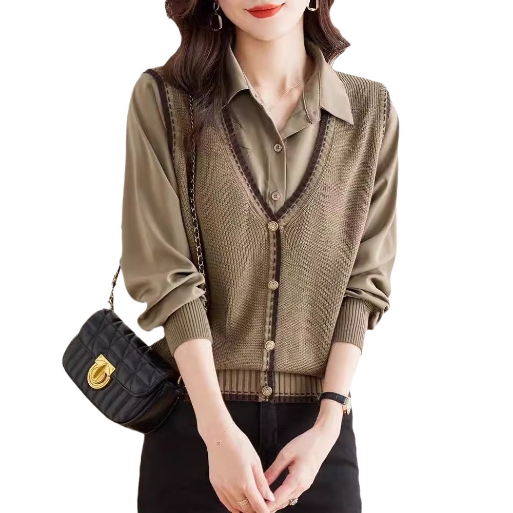 4COLOR★上品感　バイカラーニット 重ねる風　フェイクレイヤードトップ