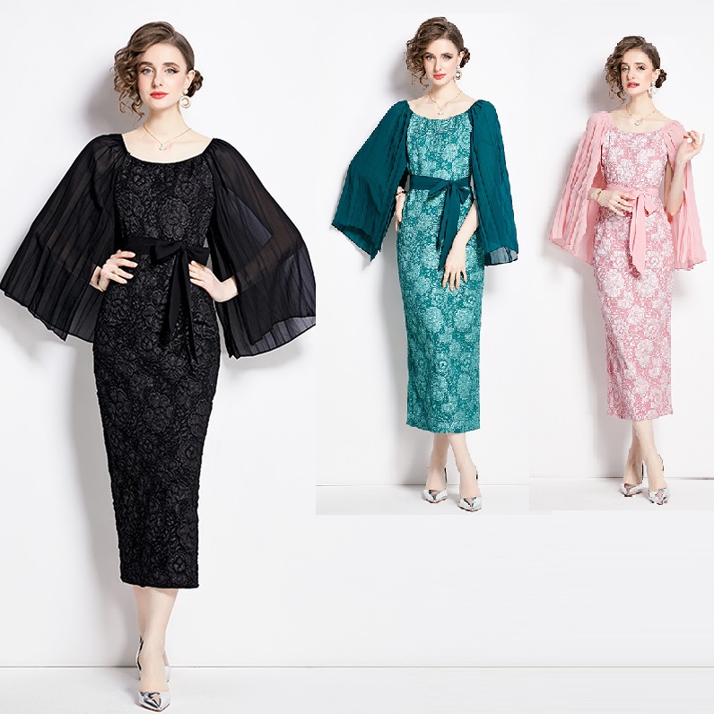 S~3L★結婚式 パーティー 大人優雅印象　上品感ジャガード織　シフォン切替ドレスワンピース