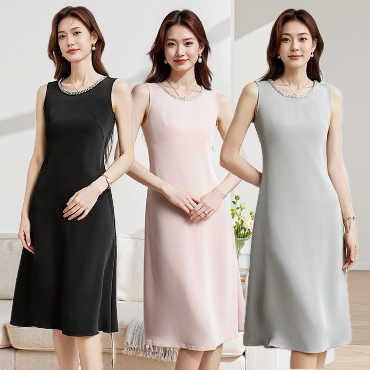 ★S～5L★ OL 通勤 オフェス パーティー  首元ビジュ付き 上品感　ノースリーブドレスワンピース