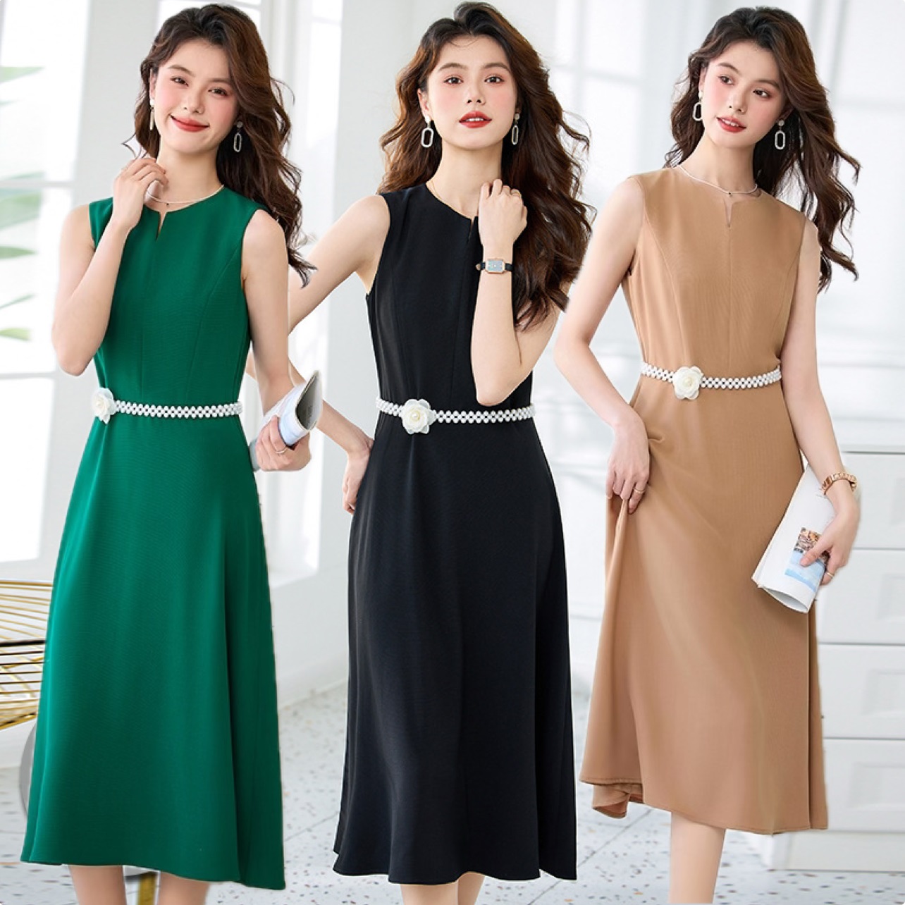 ★S～5L★ OL 通勤 オフェス パーティー  スリット襟　スリム効果　膝下ワンピース