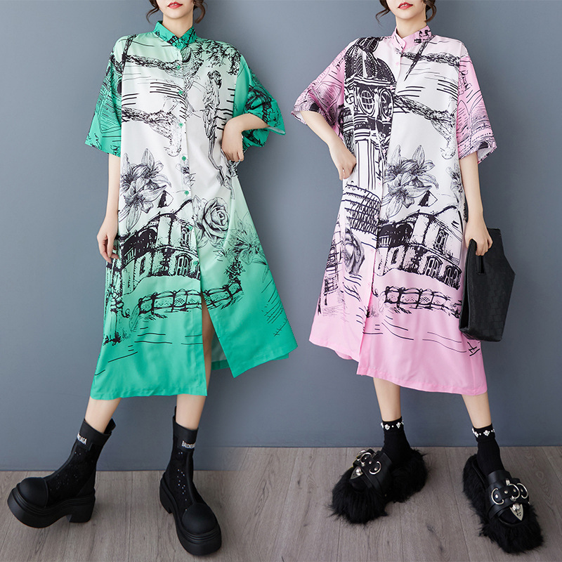 2025新作 ★原宿風　109系　ゆったりめ　個性プリント　膝下シャツワンピース