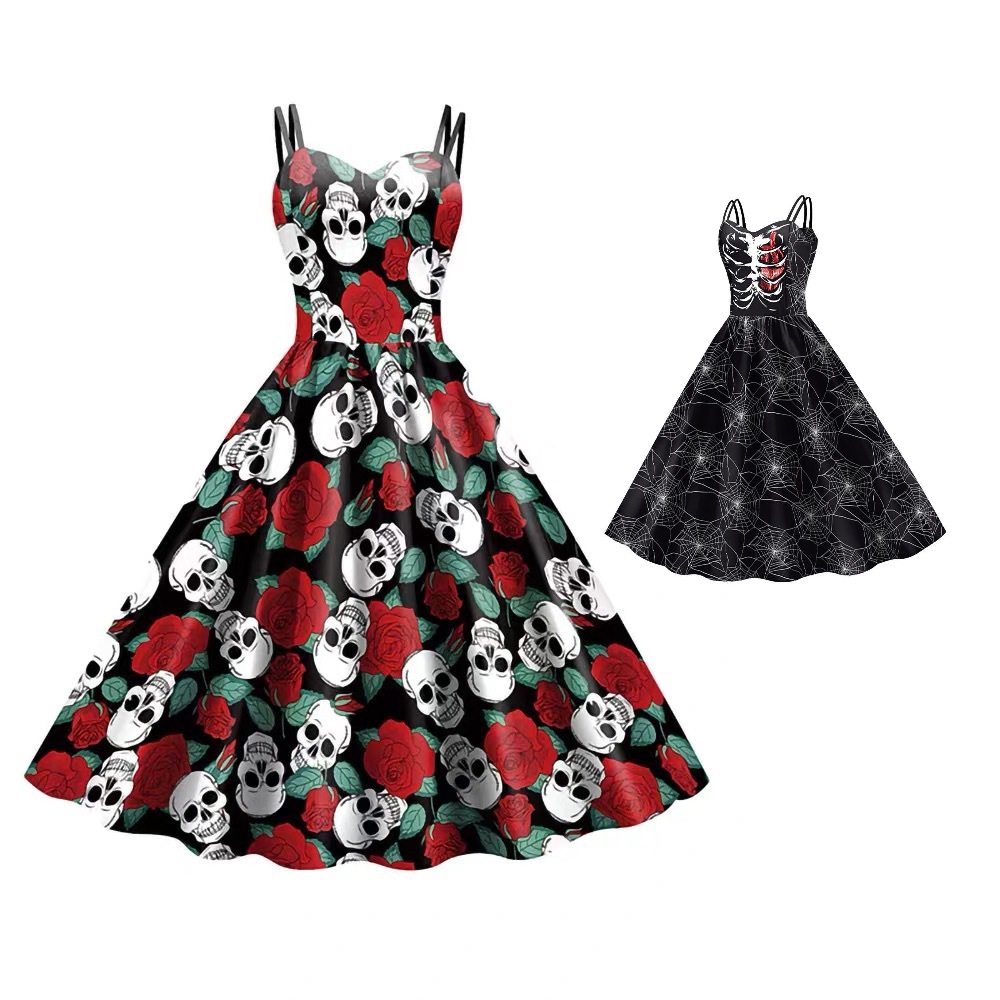 特価！★S～4L★花柄　スカル プリント　コスプレ ハロウィン衣装　ワンピース