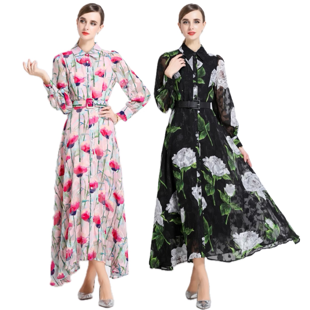 S～3L★パーティー 二次会　忘年会 　ベルト付き　花柄ロングドレスワンピース