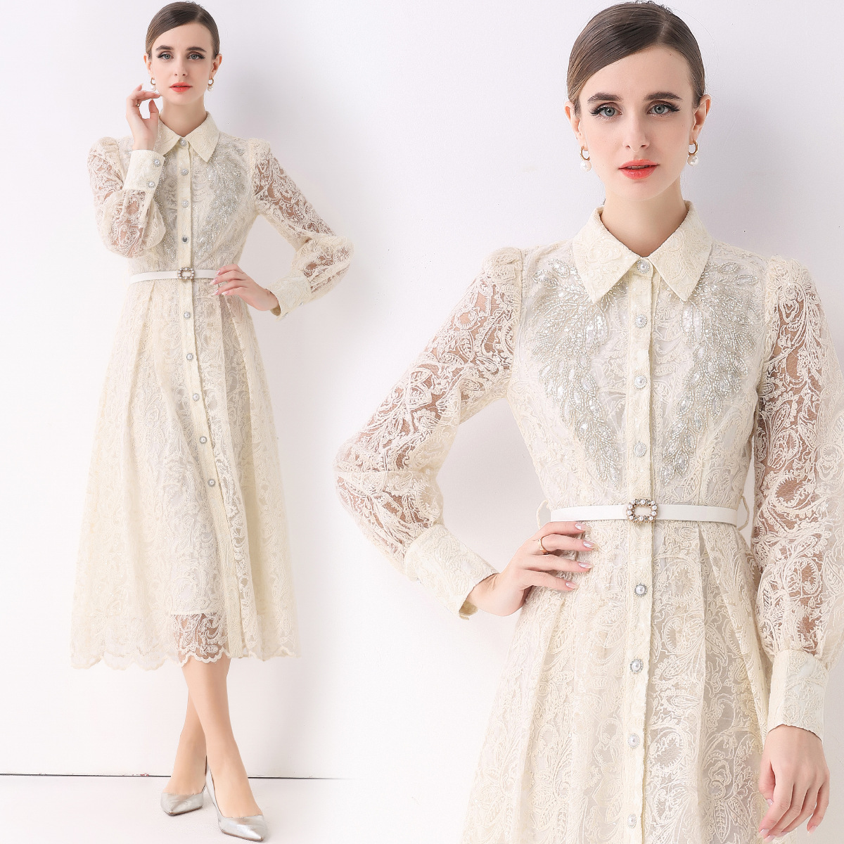 S～3L★パーティー 二次会　忘年会  入園式 ベルト付き 花柄レースロングドレス