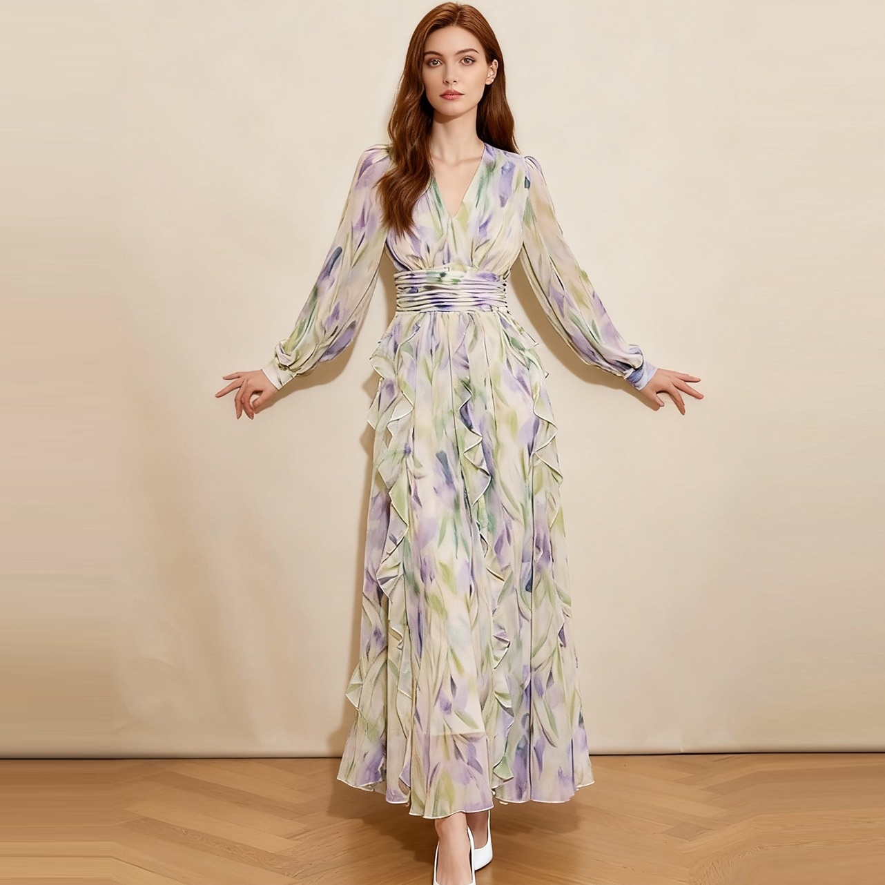 S～3L★パーティー 二次会　忘年会 　可愛いフリル　花柄ロングワンピース