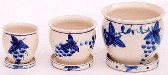 陶器植木鉢３点セット（受皿付）【手描きぶどう柄】