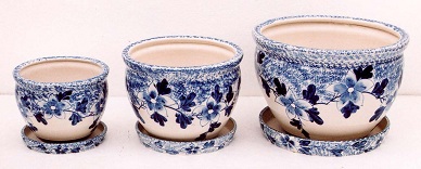 陶器植木鉢３点セット（受皿付）【手描き花柄】