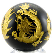 【彫刻置物】丸玉 オブシディアン 四神獣(金彫り) 約50mm ※ネコポス不可※
