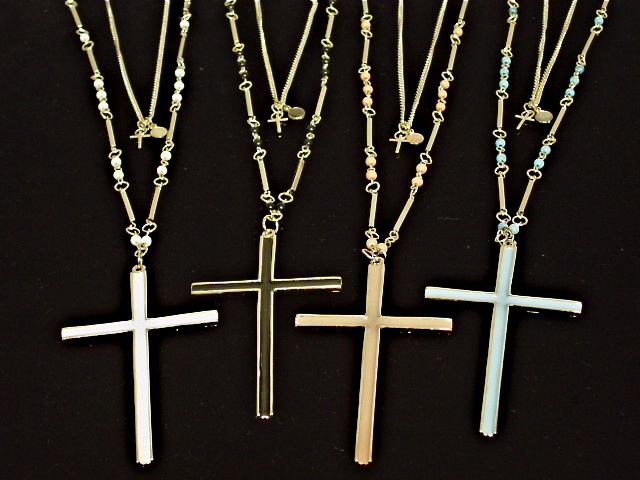 【３０％オフ対象商品】大きめカラークロスの２連ロングネックレス 十字架