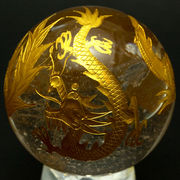 【彫刻置物】丸玉 水晶 約50mm (金彫り) 風水四神獣 ※ネコポス不可※