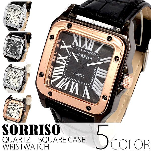 正規品SORRISOソリッソ 高級感漂うスクエアケース ローマ数字のシンプル上品時計 SRHI9 メンズ腕時計