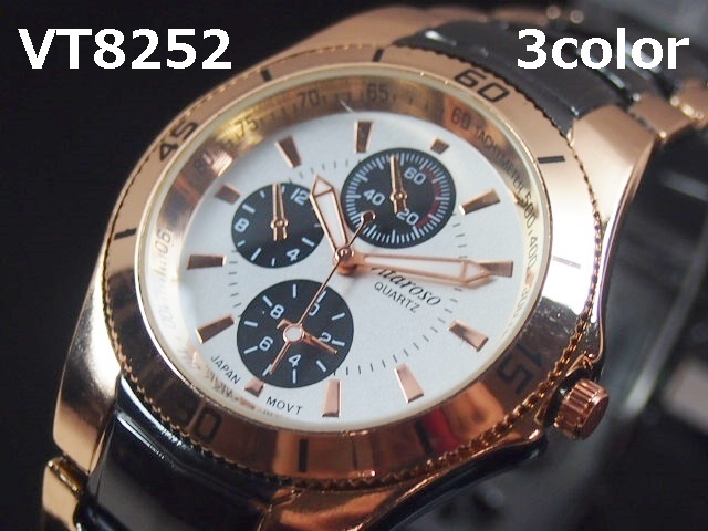 VITAROSOメンズ腕時計　メタルウォッチ　日本メーカームーブメント　クロノデザイン　BK＆PG仕上げ