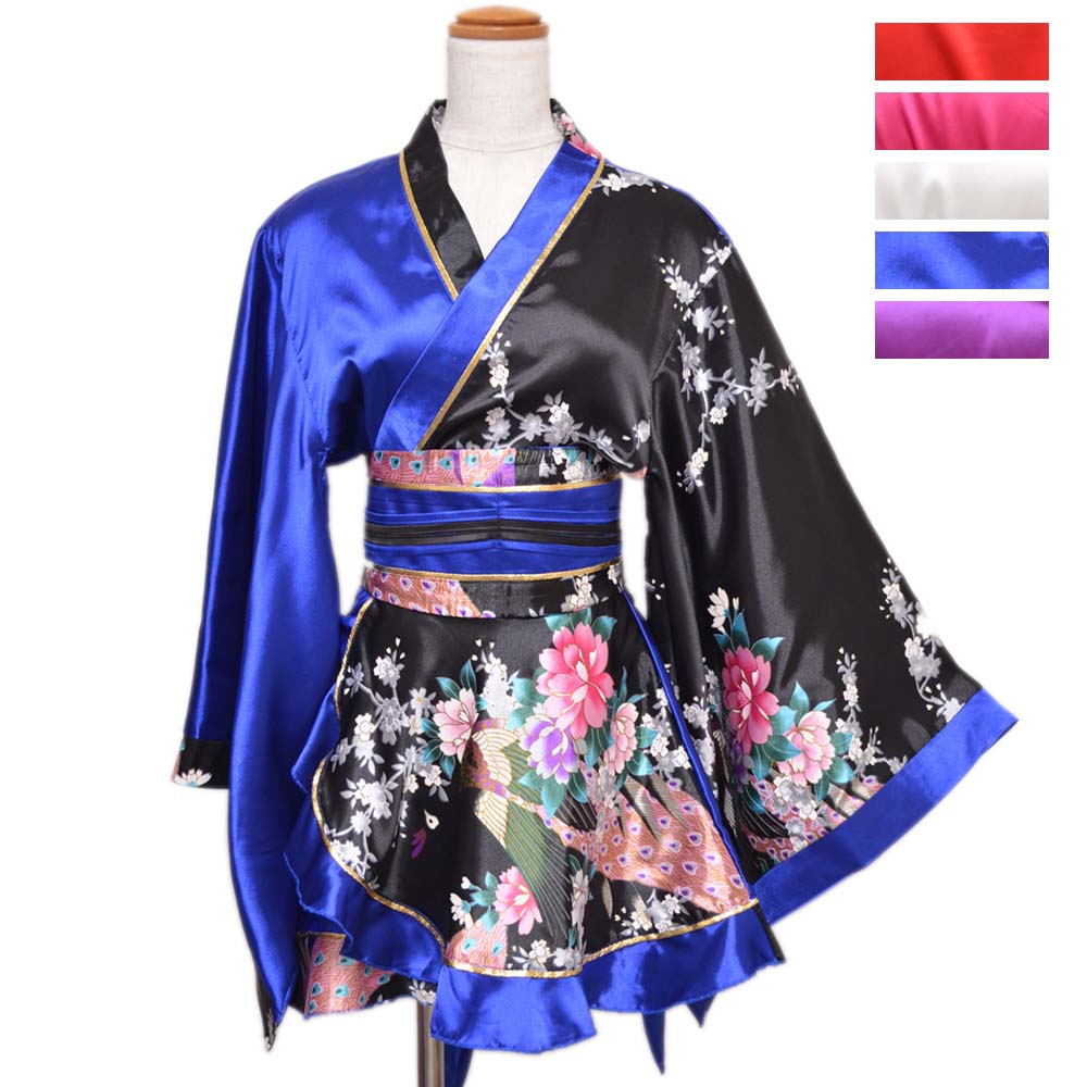 【新色追加】1016配色孔雀柄フリルミニ着物ドレス 和柄 衣装 ダンス よさこい 花魁 コスプレ キャバドレス