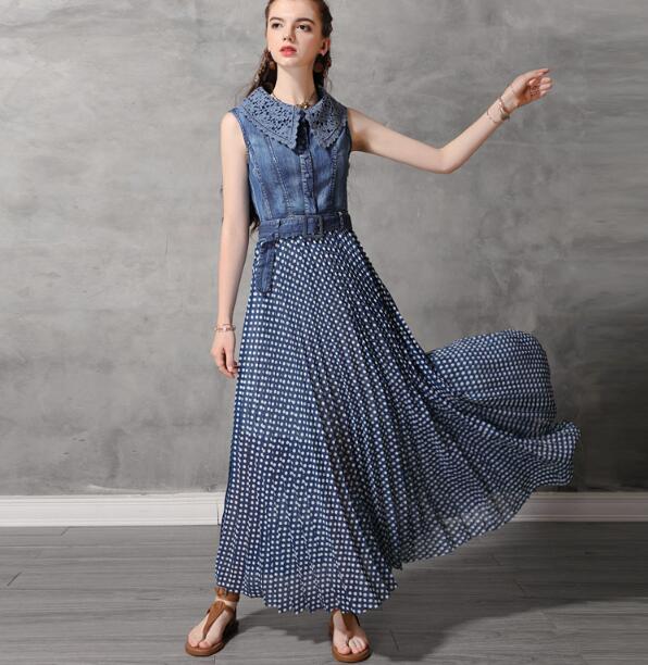 マキシ丈ワンピース デニムワンピース パッチワーク風 刺繍 ノースリーブワンピース 水玉柄ワンピース アパレル 有限会社 エイチ エム ティ 問屋 仕入れ 卸 卸売の専門 仕入れならnetsea