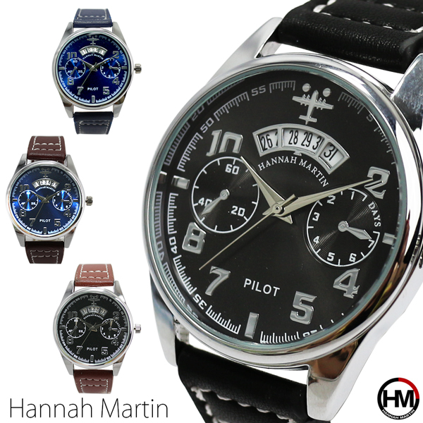 カレンダー付 フェイクダイヤル シンプルデザインに飛行機 HM001 Hannah Martin メンズ腕時計
