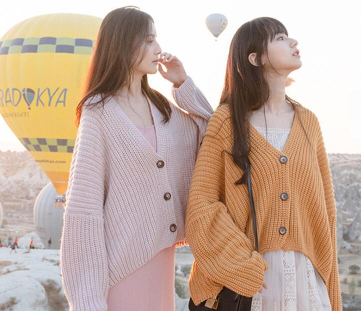 韓国ファッション ニットカーディガン ショート丈 怠惰な風