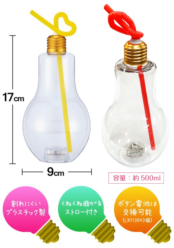 ピカピカ光る電球型ボトル 500ml 水筒 曲がるストロー付 おしゃれ 割れ