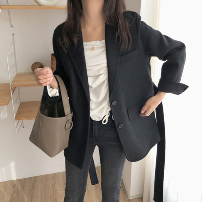 【超お買い得】韓国ファッションショートカシミアコート/女性用ベルトウールコート
