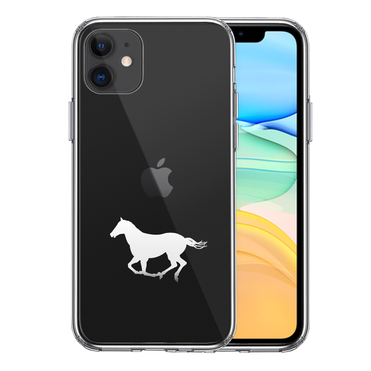 iPhone11 側面ソフト 背面ハード ハイブリッド クリア ケース カバー 馬 サラブレット 白馬