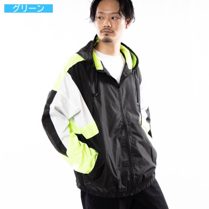 トラックジャケット メンズ 切り替え フード 蛍光色 ネオンカラー ナイロンジャケット アパレル 佐藤正 株式会社 問屋 仕入れ 卸 卸売の専門 仕入れならnetsea