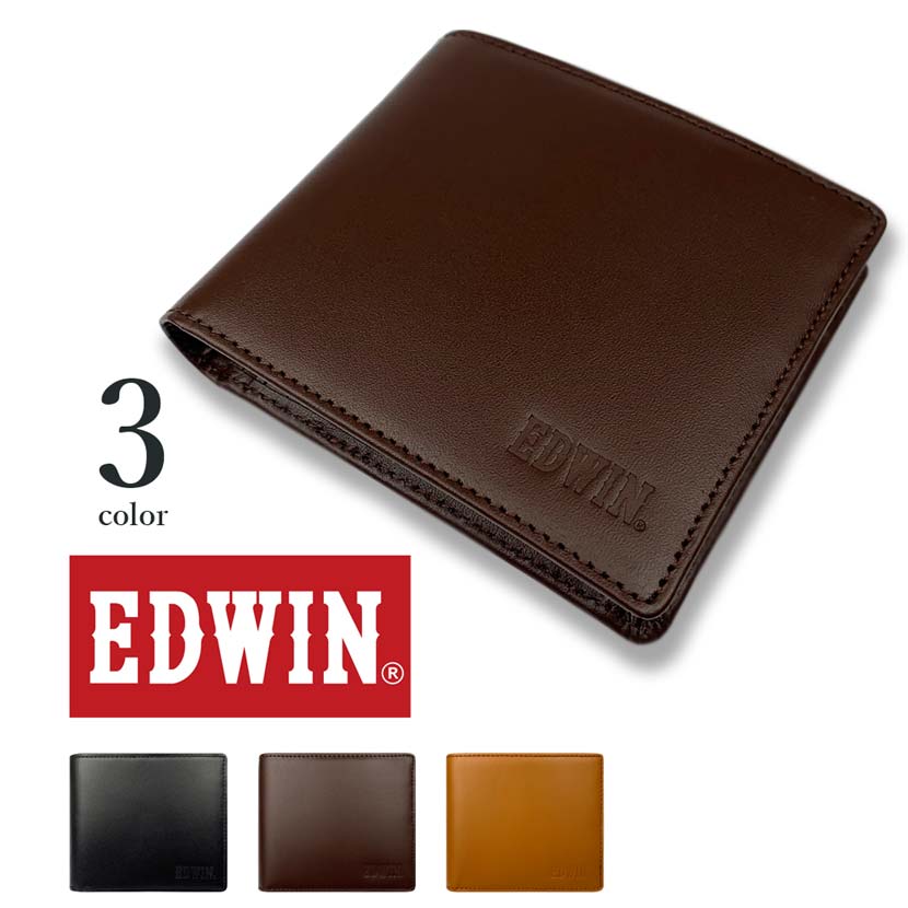 【全3色】EDWIN エドウイン リアルレザー 二つ折り財布 ショートウォレット フラップポケット